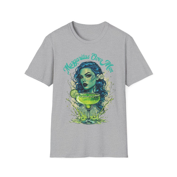 Classic fit Gildan 64000 t-shirt featuring a gothic woman with striking blue curly hair, a lime green margarita glass, and the bold slogan ‘Margaritas Before Men.’ Sassy, statement tee for tequila lovers and independent queens