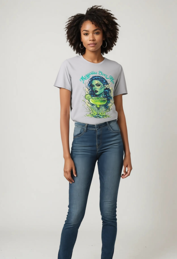 Classic fit Gildan 64000 t-shirt featuring a gothic woman with striking blue curly hair, a lime green margarita glass, and the bold slogan ‘Margaritas Before Men.’ Sassy, statement tee for tequila lovers and independent queens