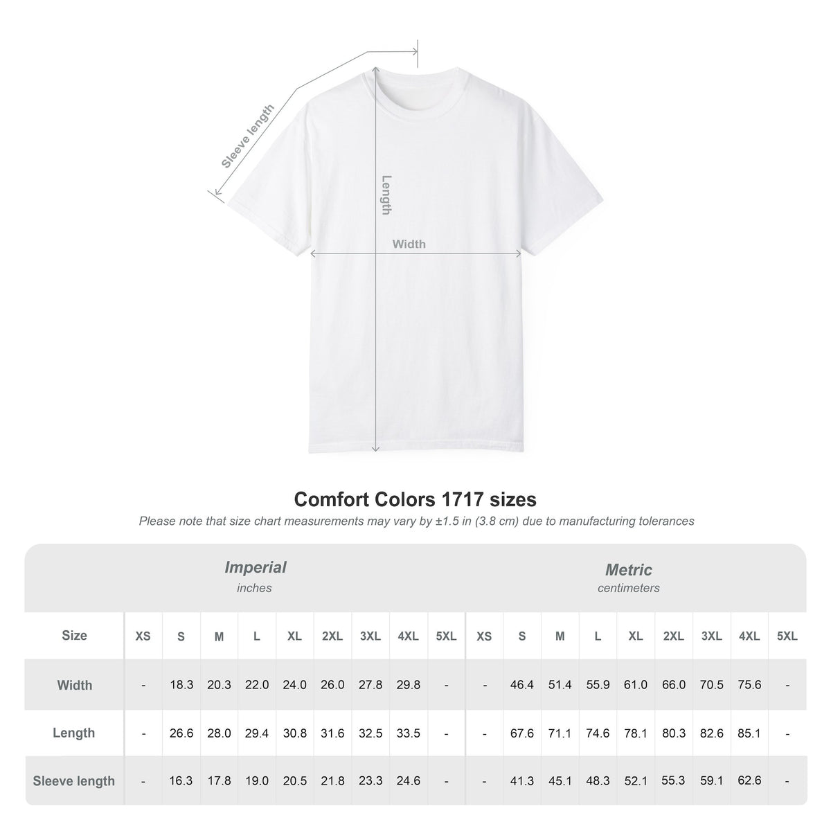 Comfort Colors 1717 Size Table