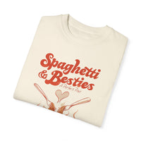 Model wearing a relaxed fit Spaghetti & Besties – A Perfect Pair T-Shirt with a fun spaghetti-themed design, perfect for best friends and pasta lovers. Soft, vintage-washed cotton with oversized aesthetic.