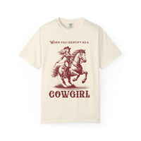 Model wearing an oversized 'When You Identify as a Cowgirl' T-Shirt with a western-inspired design. Soft, vintage-washed cotton, perfect for country-core and cowgirl aesthetic lovers.