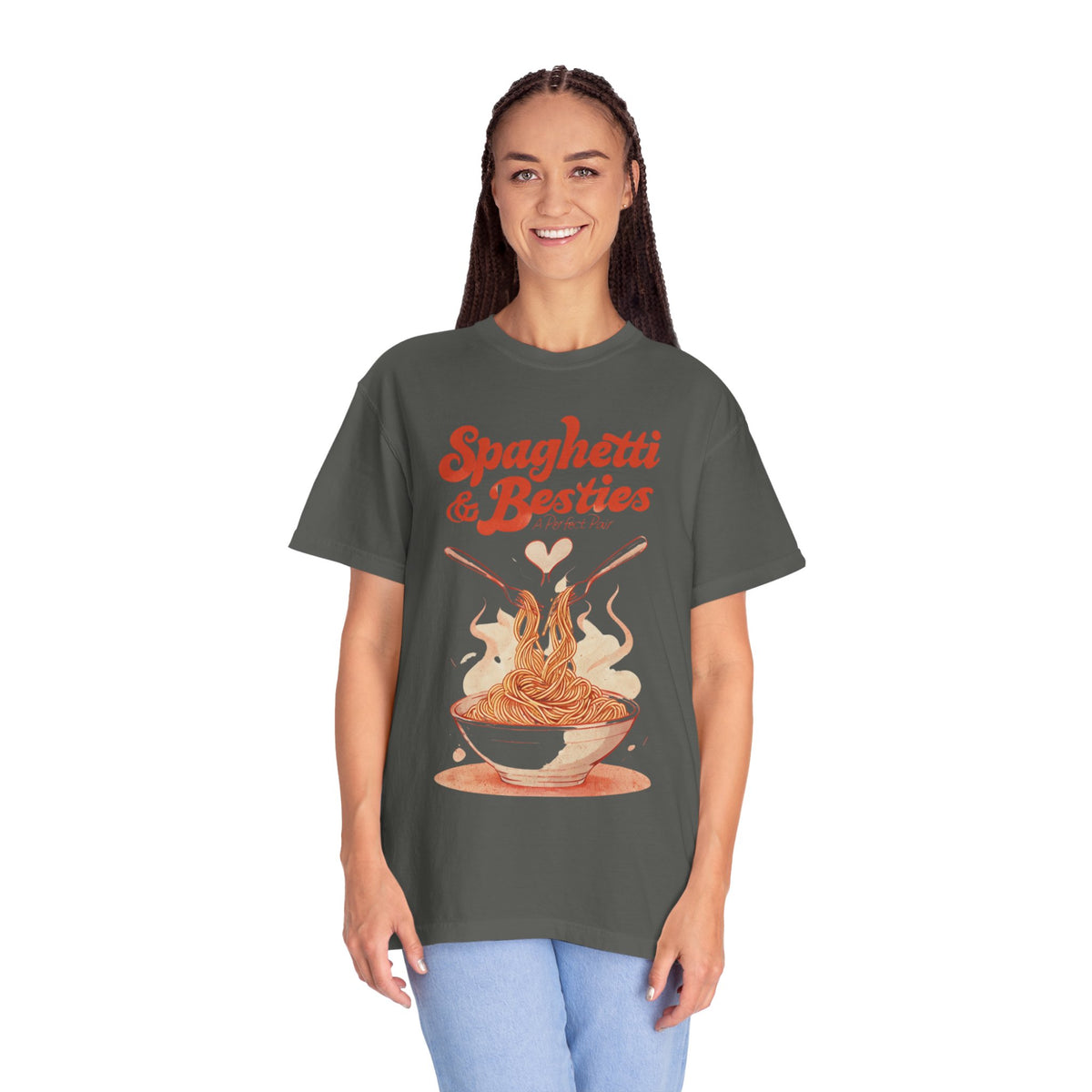 Model wearing a relaxed fit Spaghetti & Besties – A Perfect Pair T-Shirt with a fun spaghetti-themed design, perfect for best friends and pasta lovers. Soft, vintage-washed cotton with oversized aesthetic.