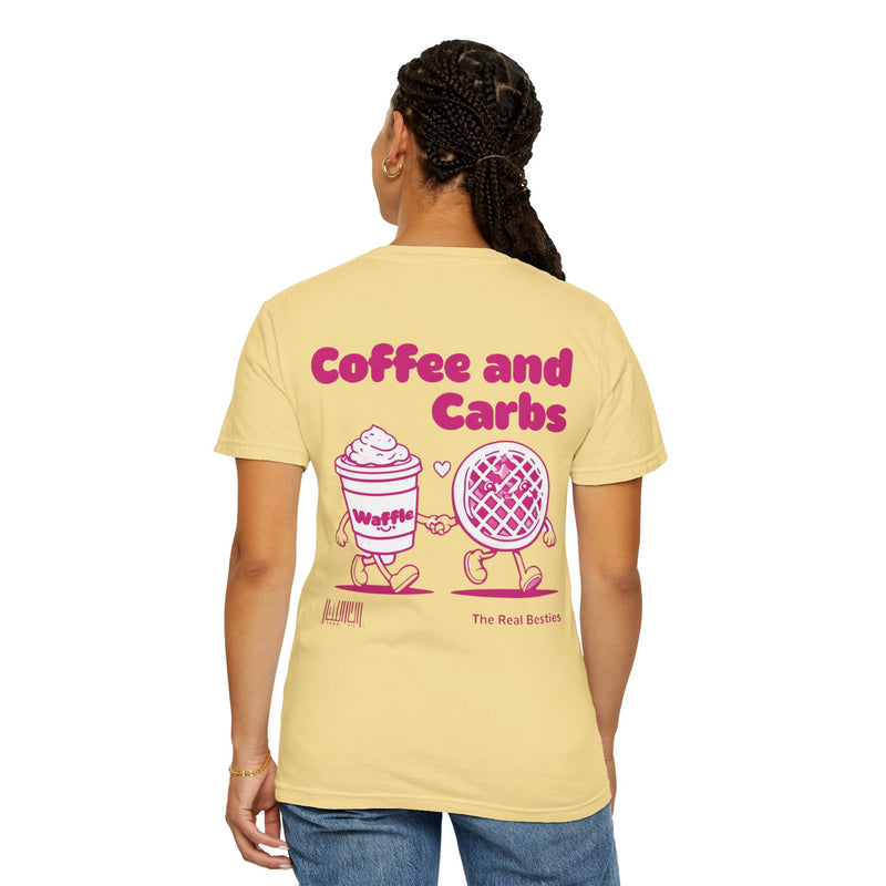 Coffee & Carbs – The Real Besties T-Shirt, Comfort Colors, oversized vintage wash, soft relaxed fit, brunch and coffee lover aesthetic.