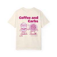 Coffee & waffle illustration with “Coffee & Carbs – The Real Besties” text, bold retro-style print.