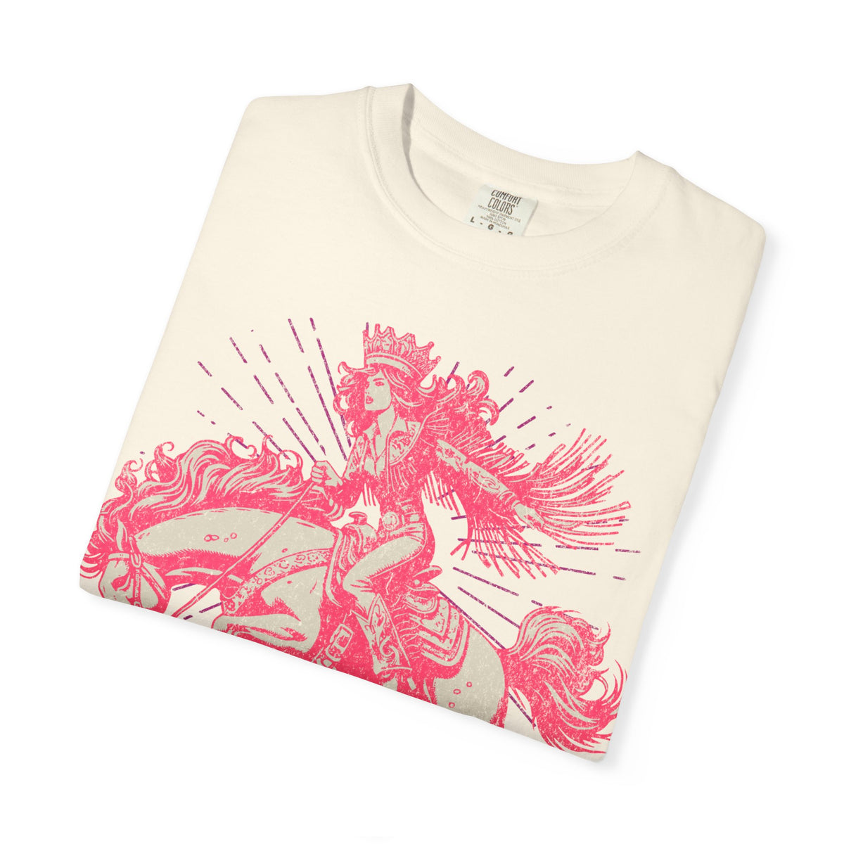 Black oversized t-shirt featuring a bold pink graphic of a cowgirl wearing a crown and fringe, riding a horse. Text reads “Dare to be the Queen of your own sh*t show.” Western-inspired, empowering design with a humorous twist.

