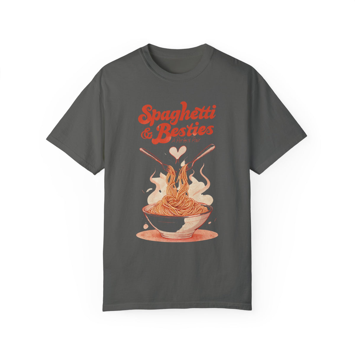 Model wearing a relaxed fit Spaghetti & Besties – A Perfect Pair T-Shirt with a fun spaghetti-themed design, perfect for best friends and pasta lovers. Soft, vintage-washed cotton with oversized aesthetic.