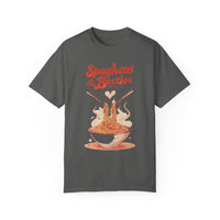 Model wearing a relaxed fit Spaghetti & Besties – A Perfect Pair T-Shirt with a fun spaghetti-themed design, perfect for best friends and pasta lovers. Soft, vintage-washed cotton with oversized aesthetic.