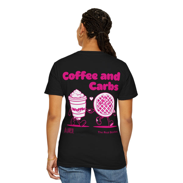 Comfort Colors Coffee & Carbs – The Real Besties T-Shirt in a relaxed, vintage-washed fit. Soft, 100% cotton fabric in an oversized style, perfect for besties who love brunch and coffee.