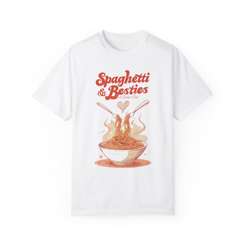 Model wearing a relaxed fit Spaghetti & Besties – A Perfect Pair T-Shirt with a fun spaghetti-themed design, perfect for best friends and pasta lovers. Soft, vintage-washed cotton with oversized aesthetic.