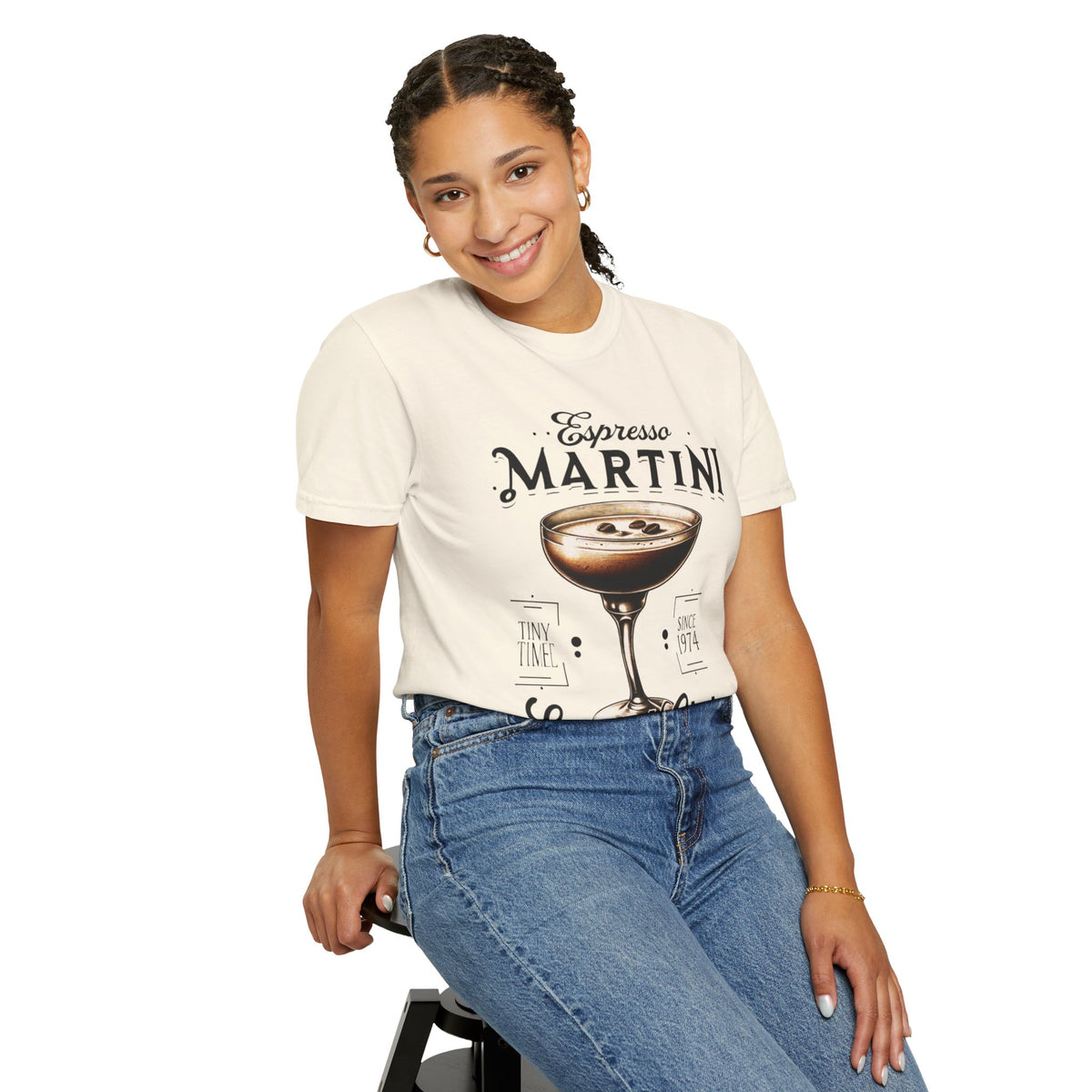 Vintage-washed oversized t-shirt featuring an espresso martini glass with coffee beans floating, a must-have for coffee & cocktail lovers