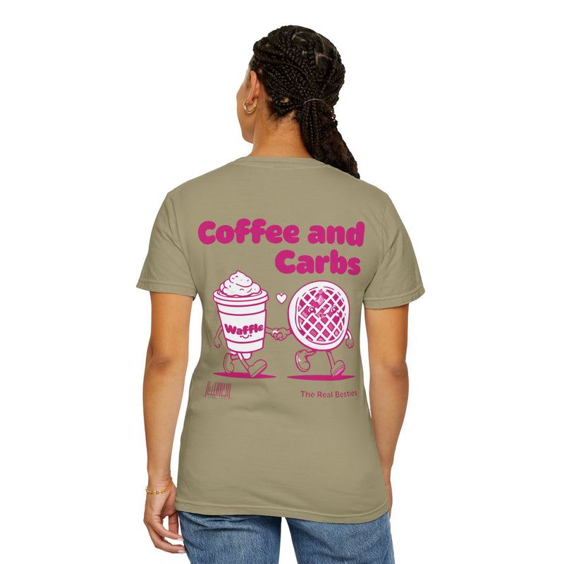 Coffee & Carbs – The Real Besties T-Shirt, Comfort Colors, oversized vintage wash, soft relaxed fit, brunch and coffee lover aesthetic.