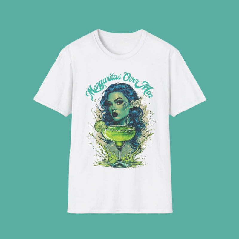 Classic fit Gildan 64000 t-shirt featuring a gothic woman with striking blue curly hair, a lime green margarita glass, and the bold slogan ‘Margaritas Before Men.’ Sassy, statement tee for tequila lovers and independent queens
