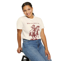 Model wearing an oversized 'When You Identify as a Cowgirl' T-Shirt with a western-inspired design. Soft, vintage-washed cotton, perfect for country-core and cowgirl aesthetic lovers.
