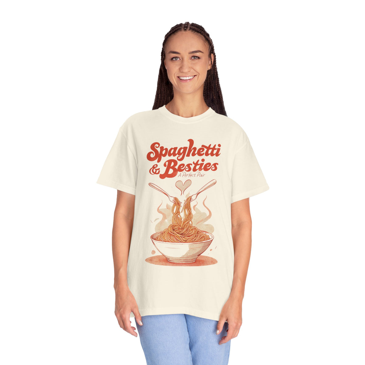 Model wearing a relaxed fit Spaghetti & Besties – A Perfect Pair T-Shirt with a fun spaghetti-themed design, perfect for best friends and pasta lovers. Soft, vintage-washed cotton with oversized aesthetic.