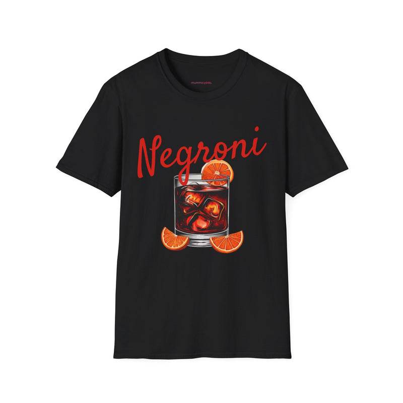 Model wearing black Negroni Cocktail Supersoft T-Shirt – Gildan 64000 – bold red text with orange slice graphic – size L – printed in USA – perfect cocktail lover gift tee

