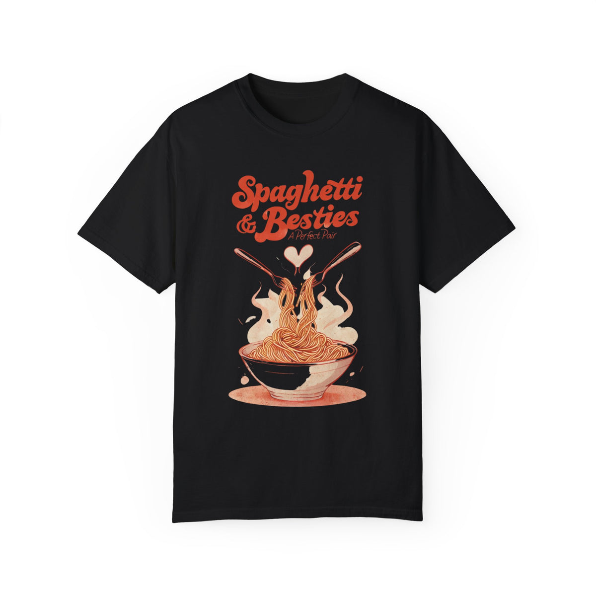Model wearing a relaxed fit Spaghetti & Besties – A Perfect Pair T-Shirt with a fun spaghetti-themed design, perfect for best friends and pasta lovers. Soft, vintage-washed cotton with oversized aesthetic.