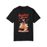 Model wearing a relaxed fit Spaghetti & Besties – A Perfect Pair T-Shirt with a fun spaghetti-themed design, perfect for best friends and pasta lovers. Soft, vintage-washed cotton with oversized aesthetic.