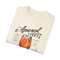 Relaxed Comfort Colors tee featuring a vibrant Aperol Spritz glass with a slice of orange, giving summer Aperitivo vibes