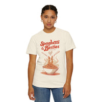 Model wearing a relaxed fit Spaghetti & Besties – A Perfect Pair T-Shirt with a fun spaghetti-themed design, perfect for best friends and pasta lovers. Soft, vintage-washed cotton with oversized aesthetic.