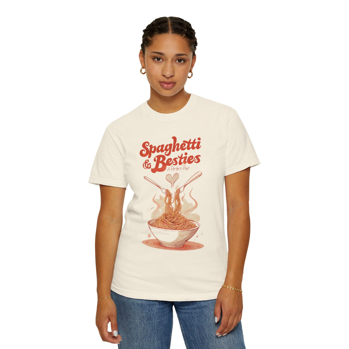 Model wearing a relaxed fit Spaghetti & Besties – A Perfect Pair T-Shirt with a fun spaghetti-themed design, perfect for best friends and pasta lovers. Soft, vintage-washed cotton with oversized aesthetic.