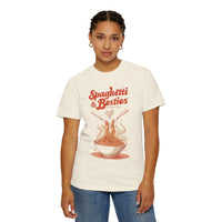 Model wearing a relaxed fit Spaghetti & Besties – A Perfect Pair T-Shirt with a fun spaghetti-themed design, perfect for best friends and pasta lovers. Soft, vintage-washed cotton with oversized aesthetic.