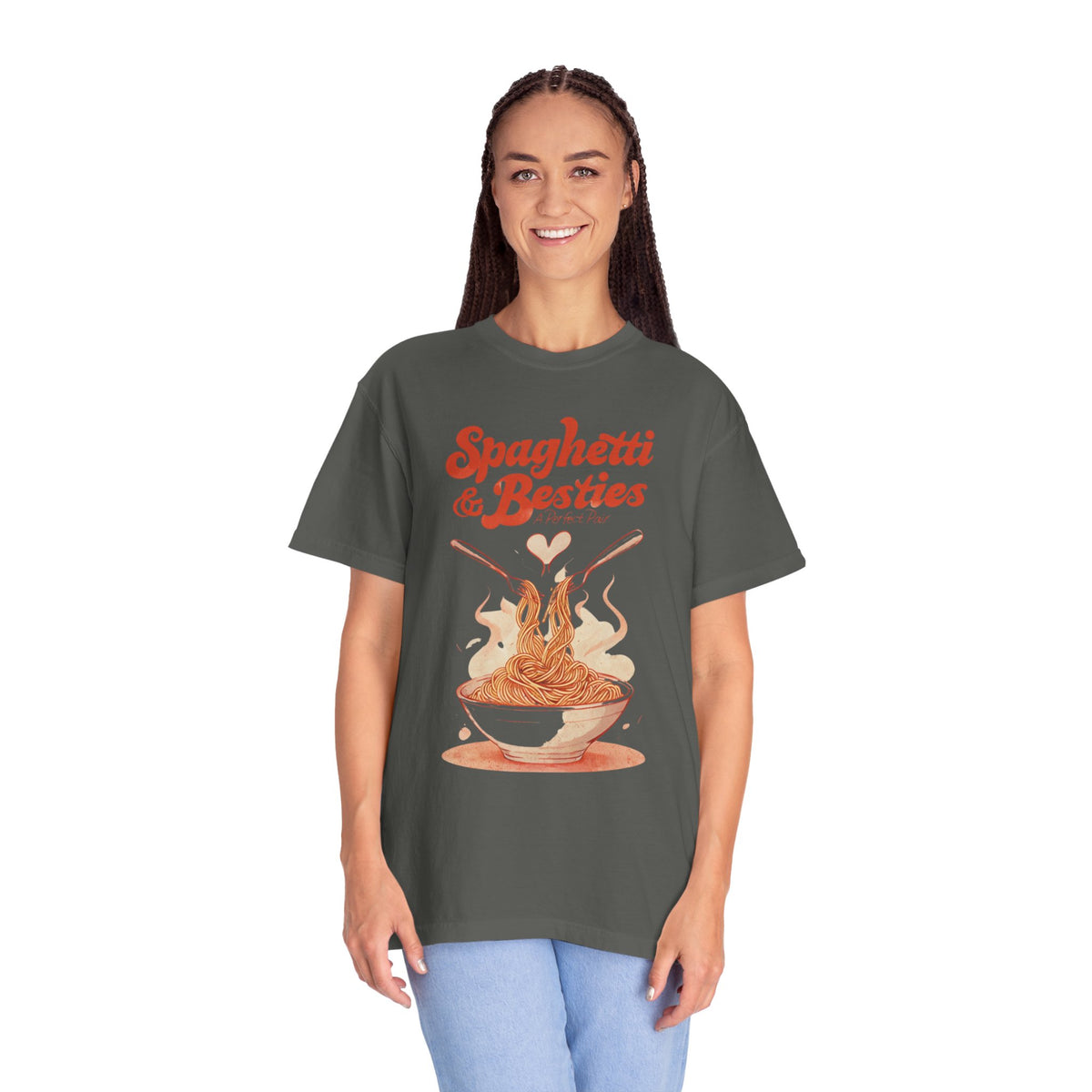 Model wearing a relaxed fit Spaghetti & Besties – A Perfect Pair T-Shirt with a fun spaghetti-themed design, perfect for best friends and pasta lovers. Soft, vintage-washed cotton with oversized aesthetic.