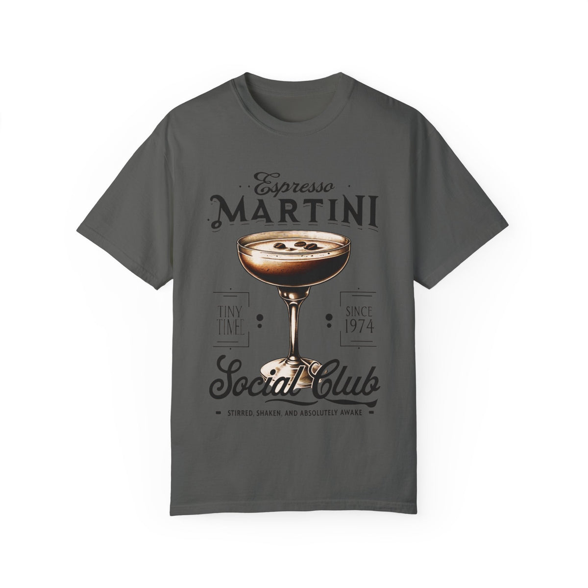 Vintage-washed oversized t-shirt featuring an espresso martini glass with coffee beans floating, a must-have for coffee & cocktail lovers