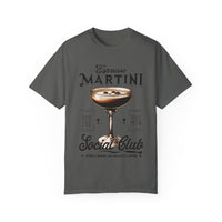 Vintage-washed oversized t-shirt featuring an espresso martini glass with coffee beans floating, a must-have for coffee & cocktail lovers