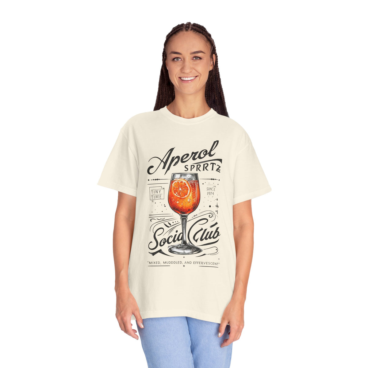 Relaxed Comfort Colors tee featuring a vibrant Aperol Spritz glass with a slice of orange, giving summer Aperitivo vibes