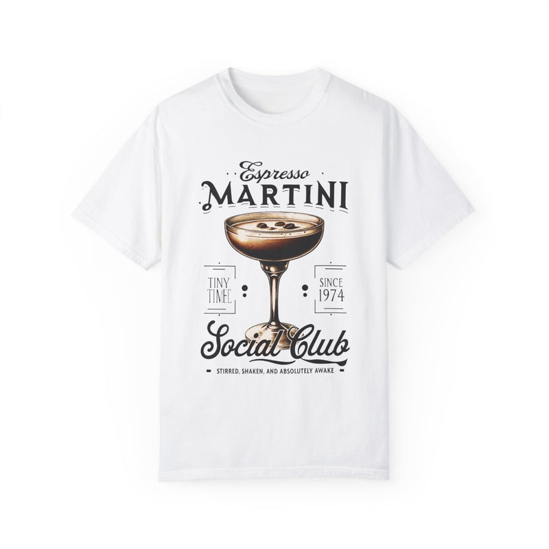 Vintage-washed oversized t-shirt featuring an espresso martini glass with coffee beans floating, a must-have for coffee & cocktail lovers