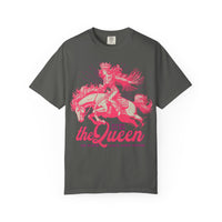 Black oversized t-shirt featuring a bold pink graphic of a cowgirl wearing a crown and fringe, riding a horse. Text reads “Dare to be the Queen of your own sh*t show.” Western-inspired, empowering design with a humorous twist.

