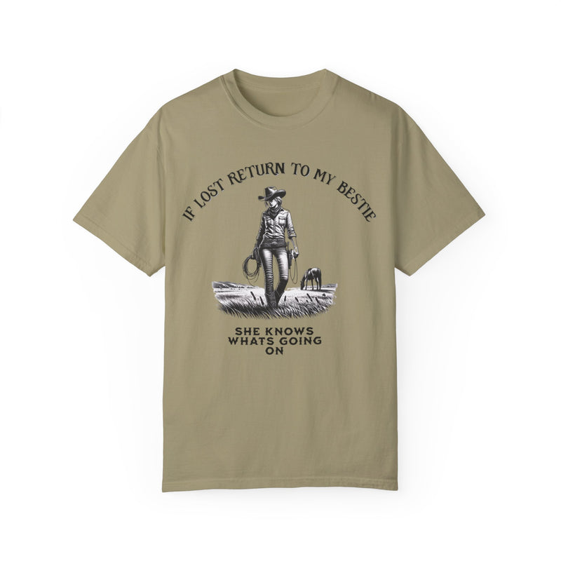 If Lost, Return to My Bestie T-Shirt – Funny Best Friend Tee with Vintage Cowgirl Graphic, Oversized Fit, Western Aesthetic, Comfort Colors, Gift for Bestie