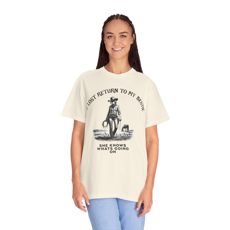 If Lost, Return to My Bestie T-Shirt – Funny Best Friend Tee with Vintage Cowgirl Graphic, Oversized Fit, Western Aesthetic, Comfort Colors, Gift for Bestie