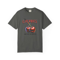 Cream oversized vintage-style t-shirt featuring a bold graphic of two red cherries and the text “My Cherries Are My Business.” A flirty and confident design perfect for making a bold statement.
