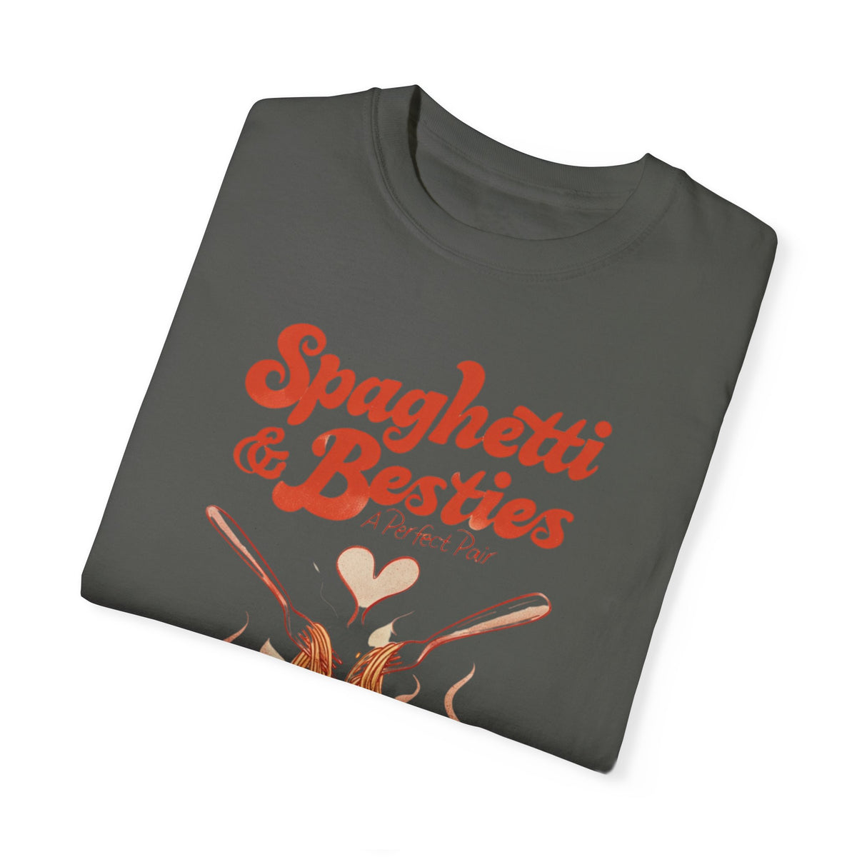 Model wearing a relaxed fit Spaghetti & Besties – A Perfect Pair T-Shirt with a fun spaghetti-themed design, perfect for best friends and pasta lovers. Soft, vintage-washed cotton with oversized aesthetic.