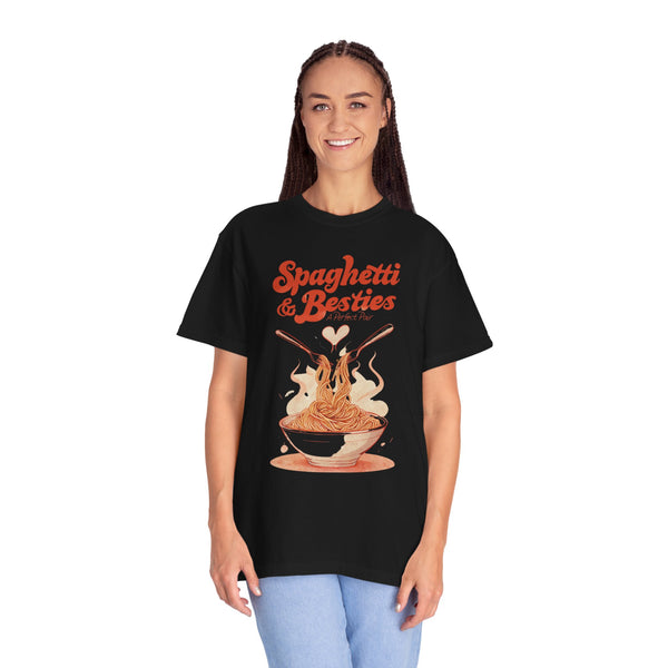Model wearing a relaxed fit Spaghetti & Besties – A Perfect Pair T-Shirt with a fun spaghetti-themed design, perfect for best friends and pasta lovers. Soft, vintage-washed cotton with oversized aesthetic.