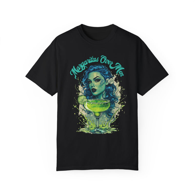 Bold and sassy oversized t-shirt featuring a gothic woman with blue curly hair and a lime green margarita, 'Margaritas Before Men' slogan