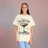 Vintage-washed oversized t-shirt featuring an espresso martini glass with coffee beans floating, a must-have for coffee & cocktail lovers