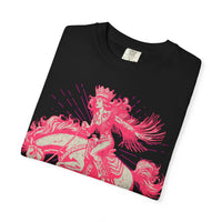 Black oversized t-shirt featuring a bold pink graphic of a cowgirl wearing a crown and fringe, riding a horse. Text reads “Dare to be the Queen of your own sh*t show.” Western-inspired, empowering design with a humorous twist.
