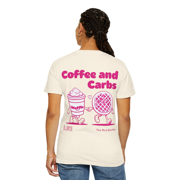 Comfort Colors Coffee & Carbs – The Real Besties T-Shirt in a relaxed, vintage-washed fit. Soft, 100% cotton fabric in an oversized style, perfect for besties who love brunch and coffee.