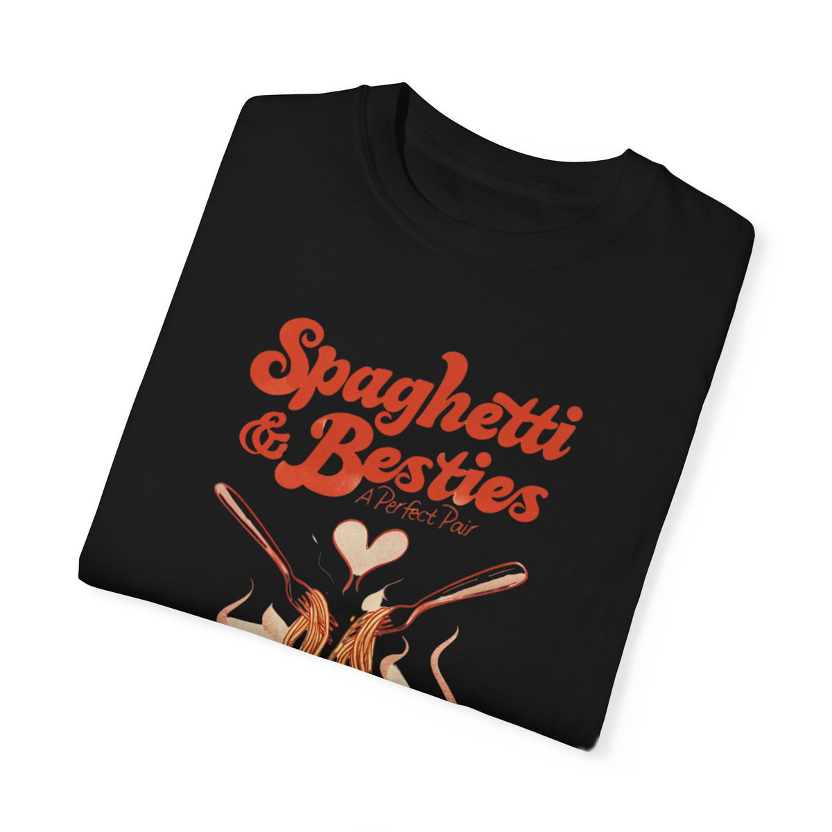 Model wearing a relaxed fit Spaghetti & Besties – A Perfect Pair T-Shirt with a fun spaghetti-themed design, perfect for best friends and pasta lovers. Soft, vintage-washed cotton with oversized aesthetic.