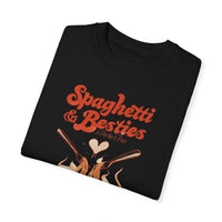 Model wearing a relaxed fit Spaghetti & Besties – A Perfect Pair T-Shirt with a fun spaghetti-themed design, perfect for best friends and pasta lovers. Soft, vintage-washed cotton with oversized aesthetic.