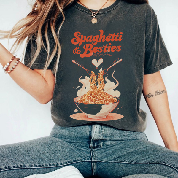 Model wearing a relaxed fit Spaghetti & Besties – A Perfect Pair T-Shirt with a fun spaghetti-themed design, perfect for best friends and pasta lovers. Soft, vintage-washed cotton with oversized aesthetic.